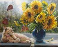 Без бренда «Подсолнухи в синей вазе возле кота» в Краснодаре в интернет-магазине  Без бренда «Подсолнухи в синей вазе возле кота» в Краснодаре