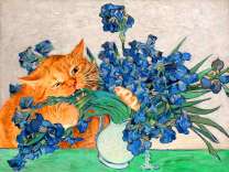 Рыжий кот грызет ирисы