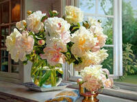 Без бренда «Ваза с букетом белых пионов у окна» в Краснодаре в интернет-магазине  Без бренда «Ваза с букетом белых пионов у окна» в Краснодаре