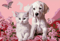 Котёнок и щенок в розовых цветах