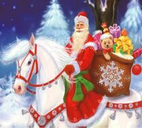 Дед Мороз с мешком подарков на белом коне