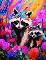Два енота в цветах на ярком фоне