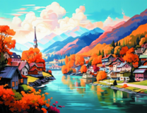 Осенний пейзаж и город на берегу реки