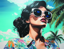 Брюнетка в очках на фоне тропиков