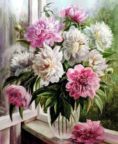 Без бренда «Пионы в прозрачной вазе у окна» в Краснодаре